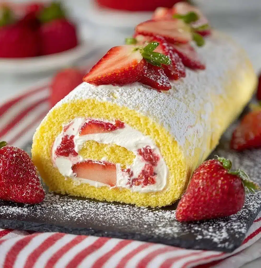 Fresh strawberry cake roll with vibrant strawberries and whipped cream filling.