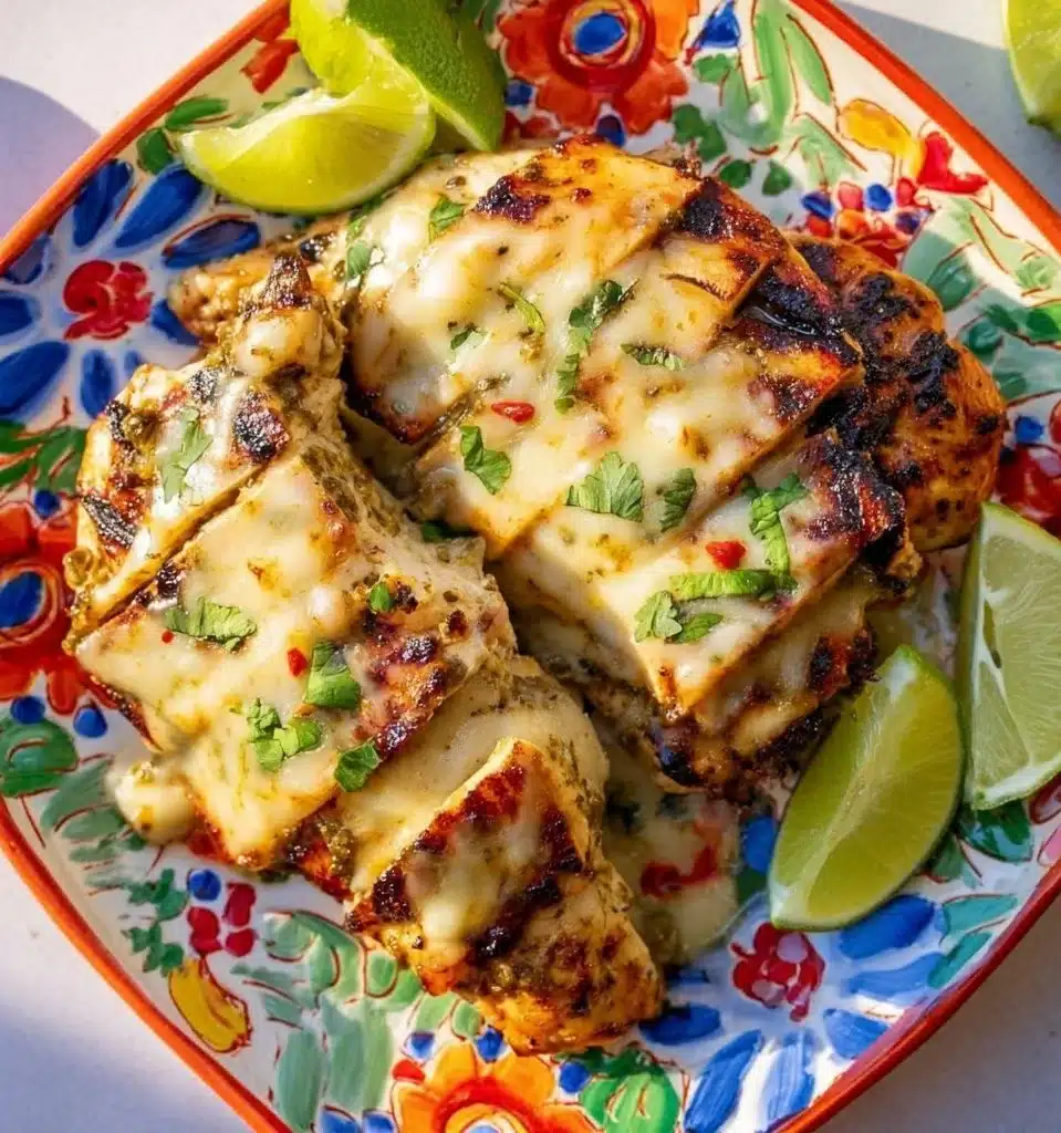 Grilled chicken served with vibrant green sauce for flavorful dining.