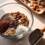 Bowl of homemade chocolate granola with nuts and chocolate chips