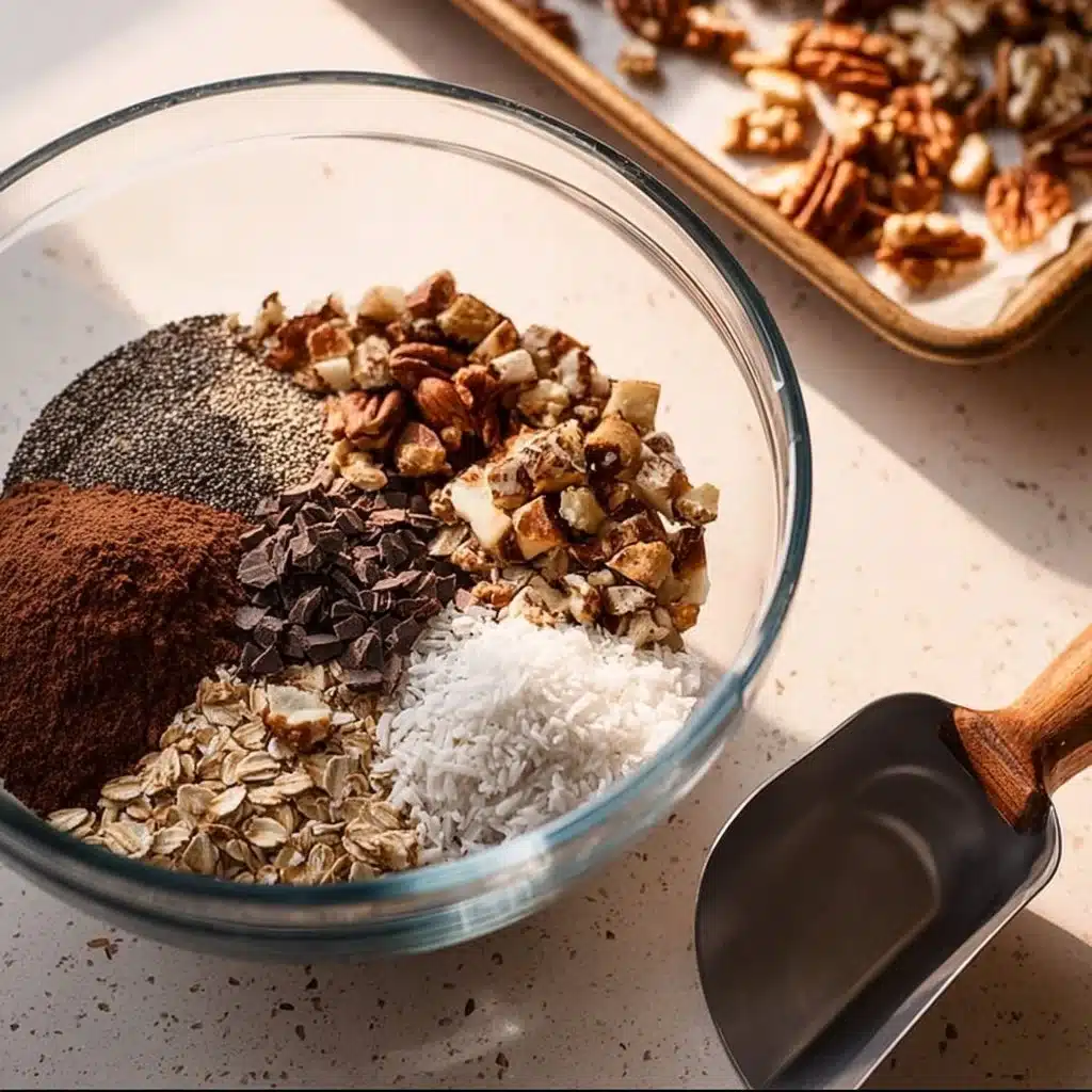 Bowl of homemade chocolate granola with nuts and chocolate chips