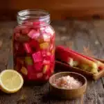 Delicious homemade rhubarb pie filling in a bowl ready for baking