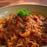 Delicious homemade Bolognese sauce served over pasta in a bowl