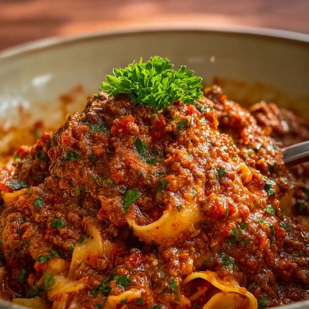 Delicious homemade Bolognese sauce served over pasta in a bowl