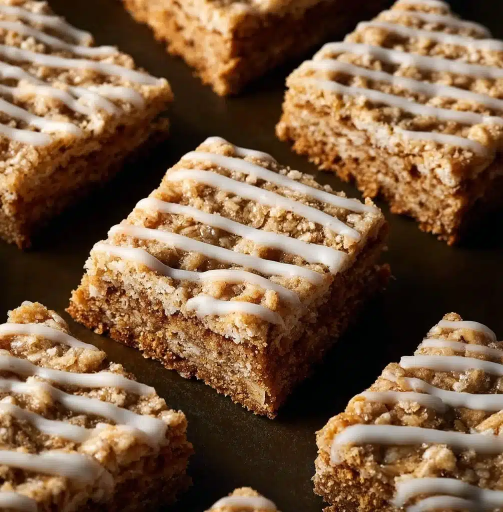 Delicious iced oatmeal cookie bars drizzled with icing on a plate