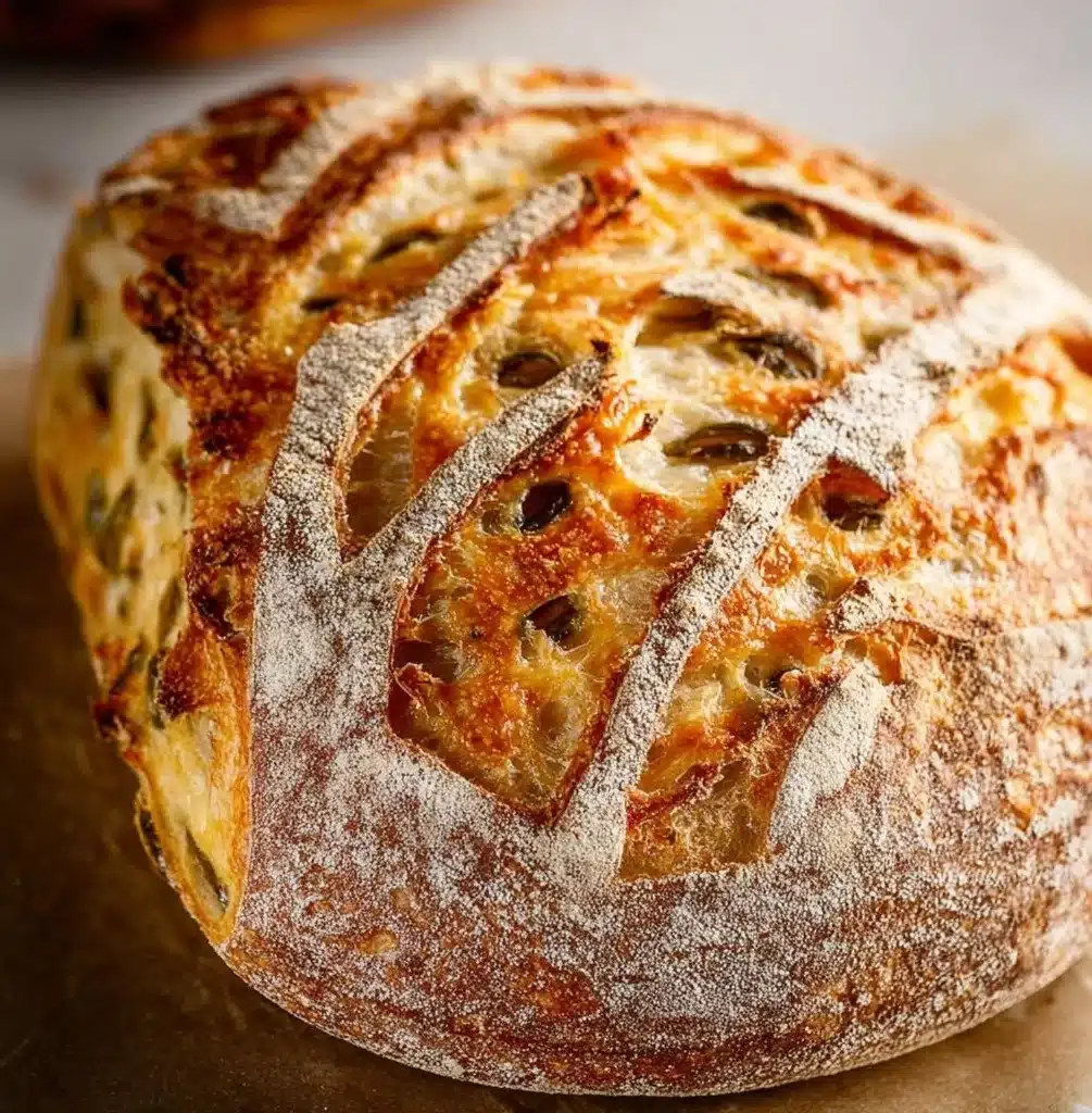 Freshly baked Jalapeño Cheddar Sourdough bread with a golden crust