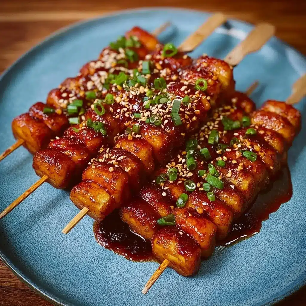 Delicious Tteok Kkochi - Korean spicy rice cake skewers served with sauce.