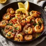 Sizzling Lemon Garlic Butter Shrimp served with fresh herbs and lemon slices.