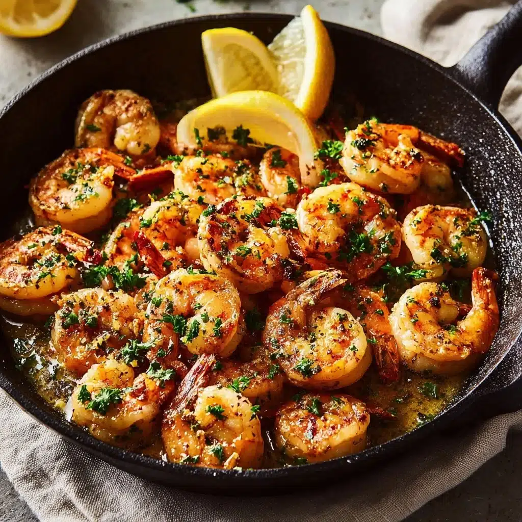 Sizzling Lemon Garlic Butter Shrimp served with fresh herbs and lemon slices.
