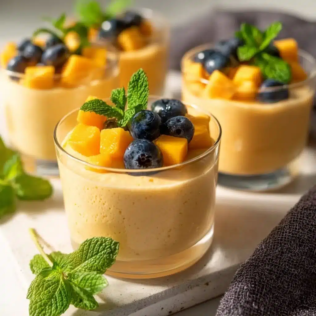 Delicious mango mousse dessert topped with fresh mango pieces.