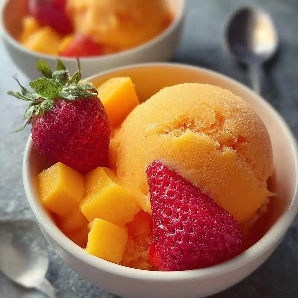 Delicious Mango Strawberry Sorbet served in a bowl with fresh fruit garnish