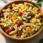 Mediterranean Tuna Pasta Salad with fresh vegetables and dressing