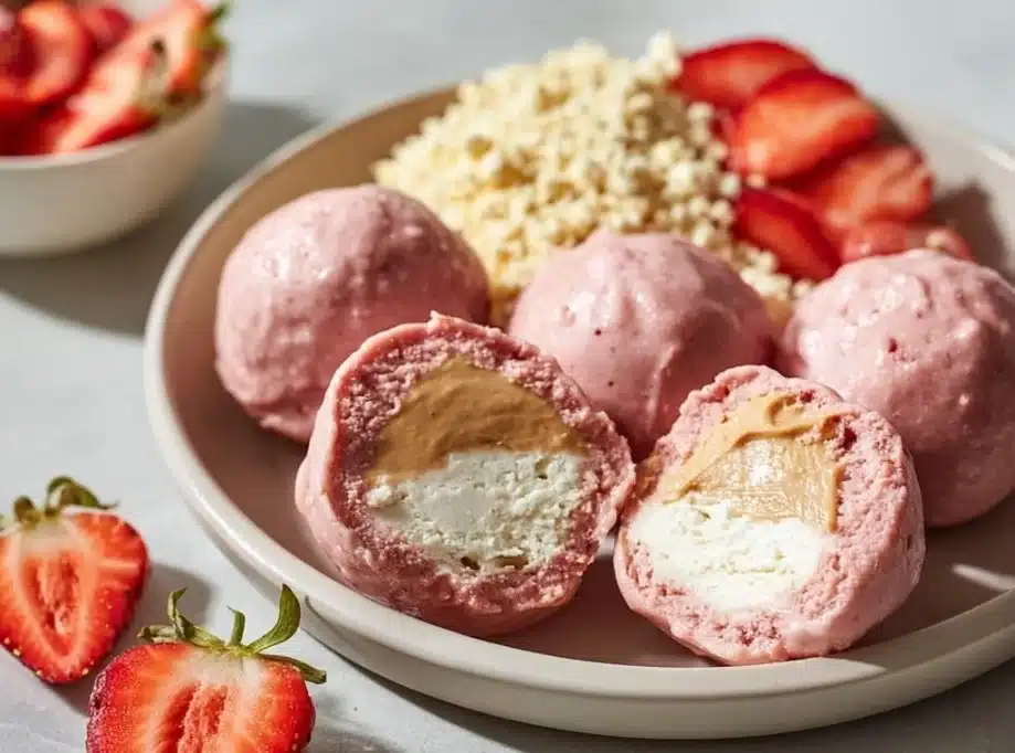 No-Bake Strawberry Cheesecake Protein Balls on a white plate with fresh strawberries