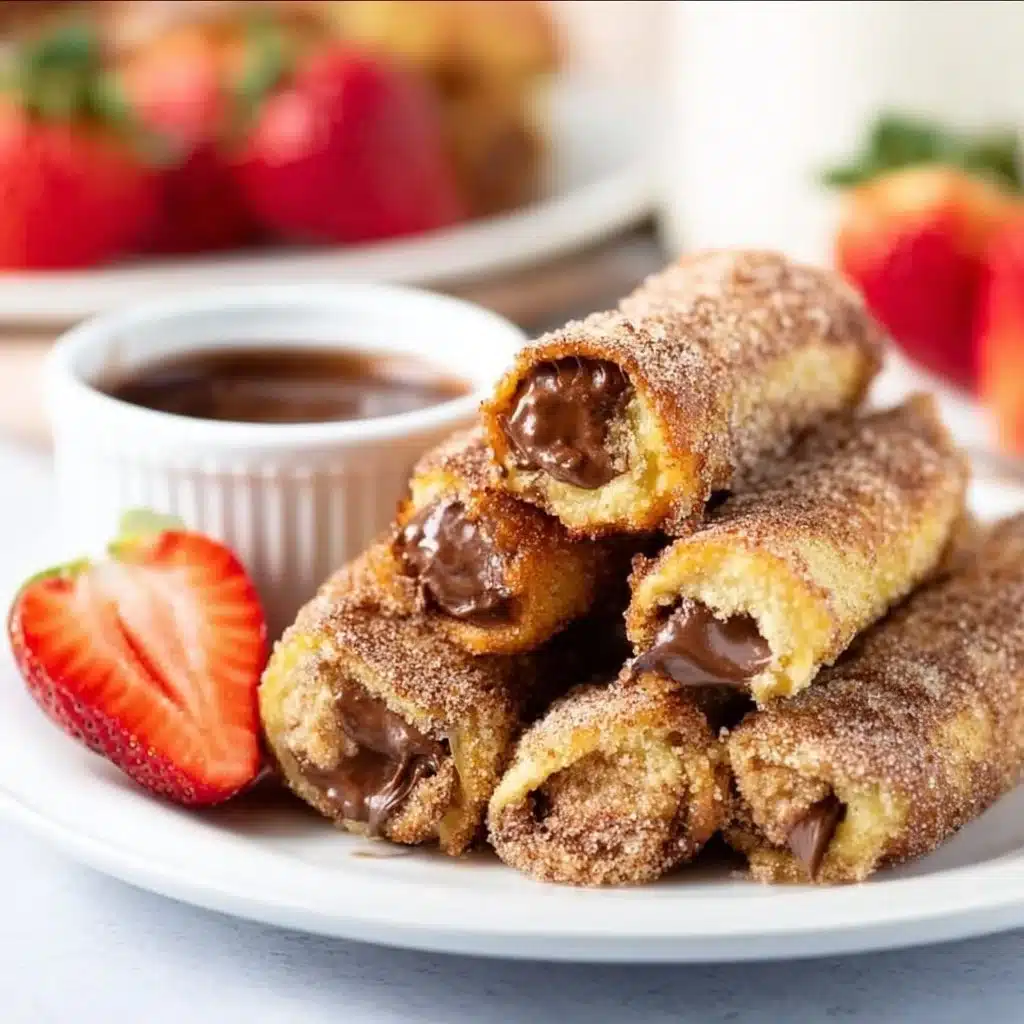 Nutella French toast roll-ups with chocolate drizzle and berries