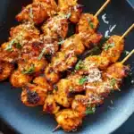 Oven-baked garlic parmesan chicken skewers garnished with herbs