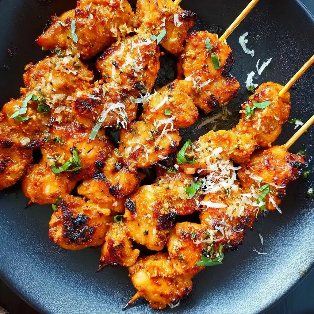 Oven-baked garlic parmesan chicken skewers garnished with herbs