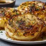 Oven-roasted cabbage steaks seasoned with spices on a baking tray