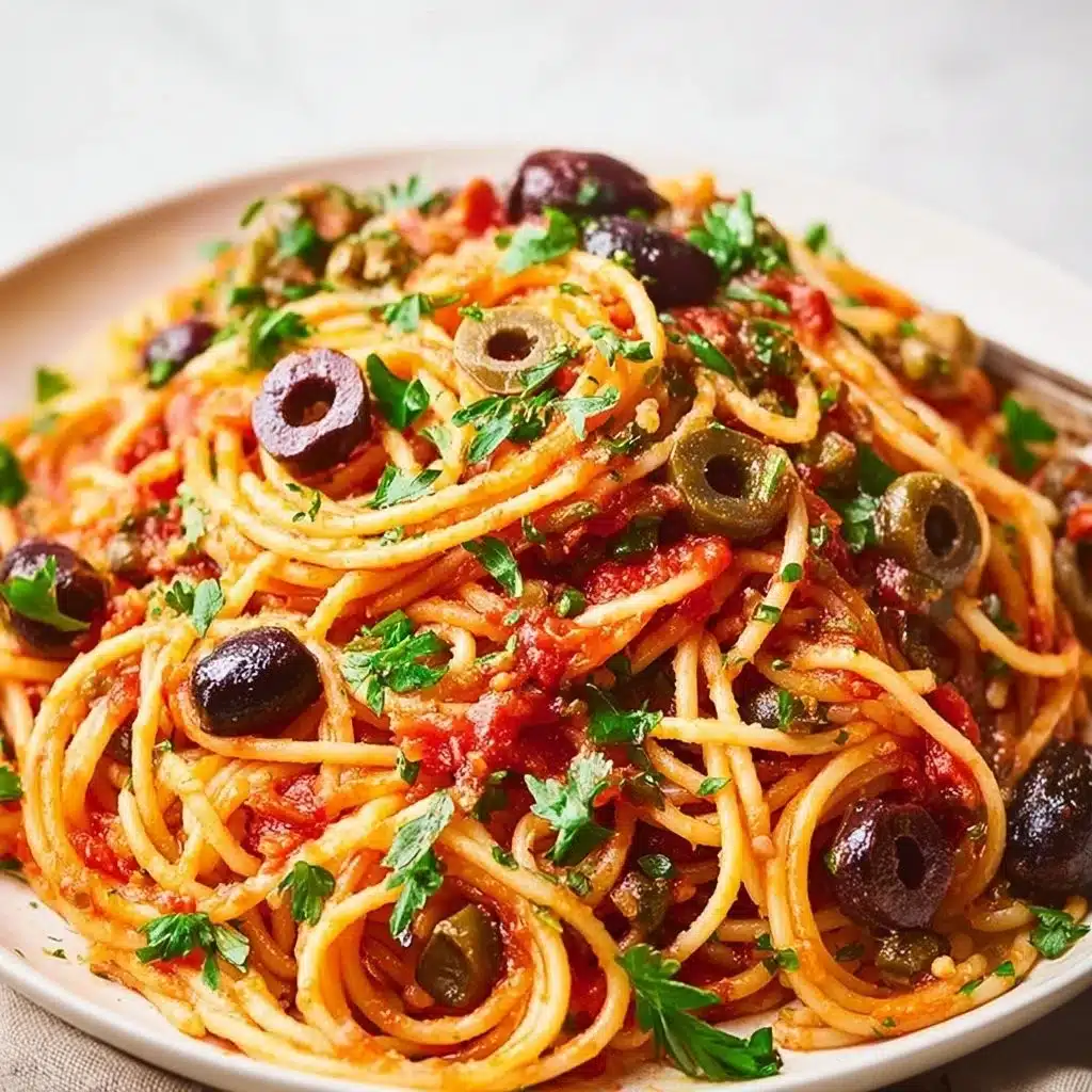 A delicious plate of Pasta Puttanesca garnished with fresh herbs and olives.