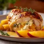 Peach & Cream Cheese Stuffed Chicken with Thyme Honey Sauce on a plate