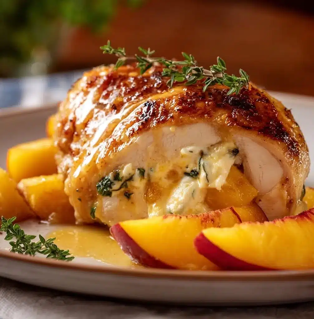 Peach & Cream Cheese Stuffed Chicken with Thyme Honey Sauce on a plate