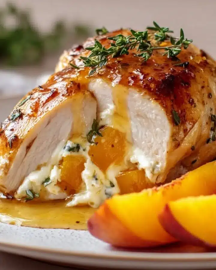 Peach & Cream Cheese Stuffed Chicken with Thyme Honey Sauce