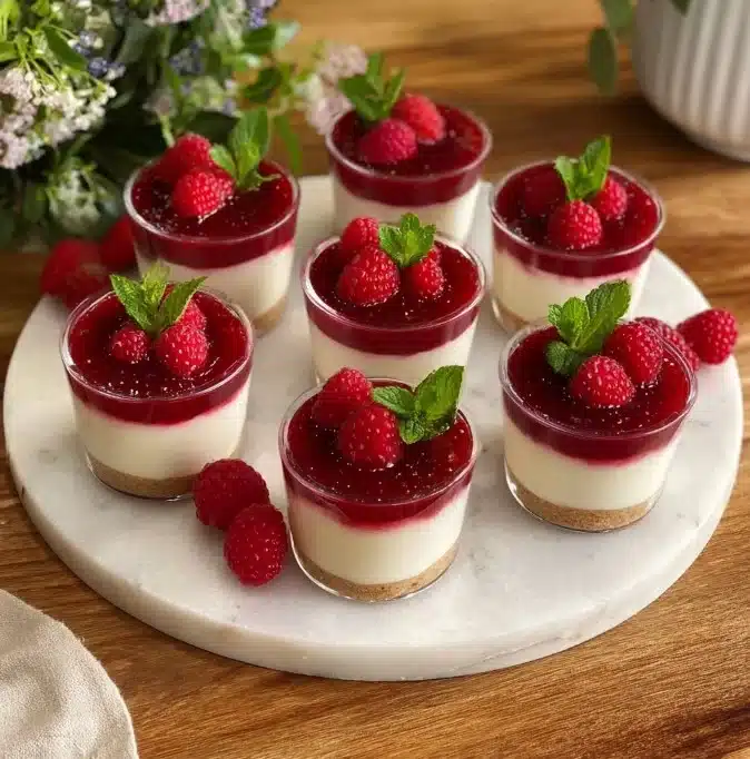 Delicious Raspberry Cheesecake in a Glass topped with mascarpone cream for summer dessert