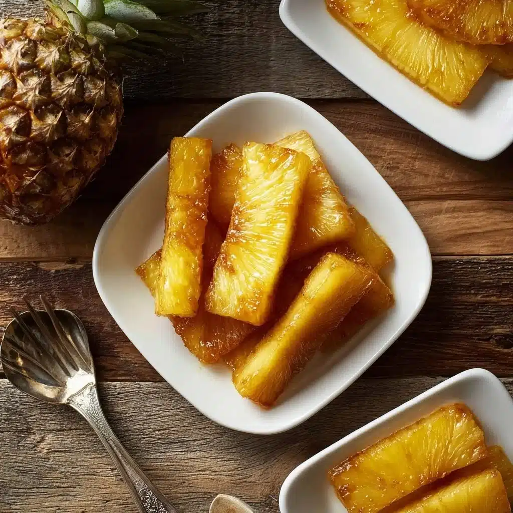 Roasted pineapple drizzled with honey cinnamon glaze on a serving plate
