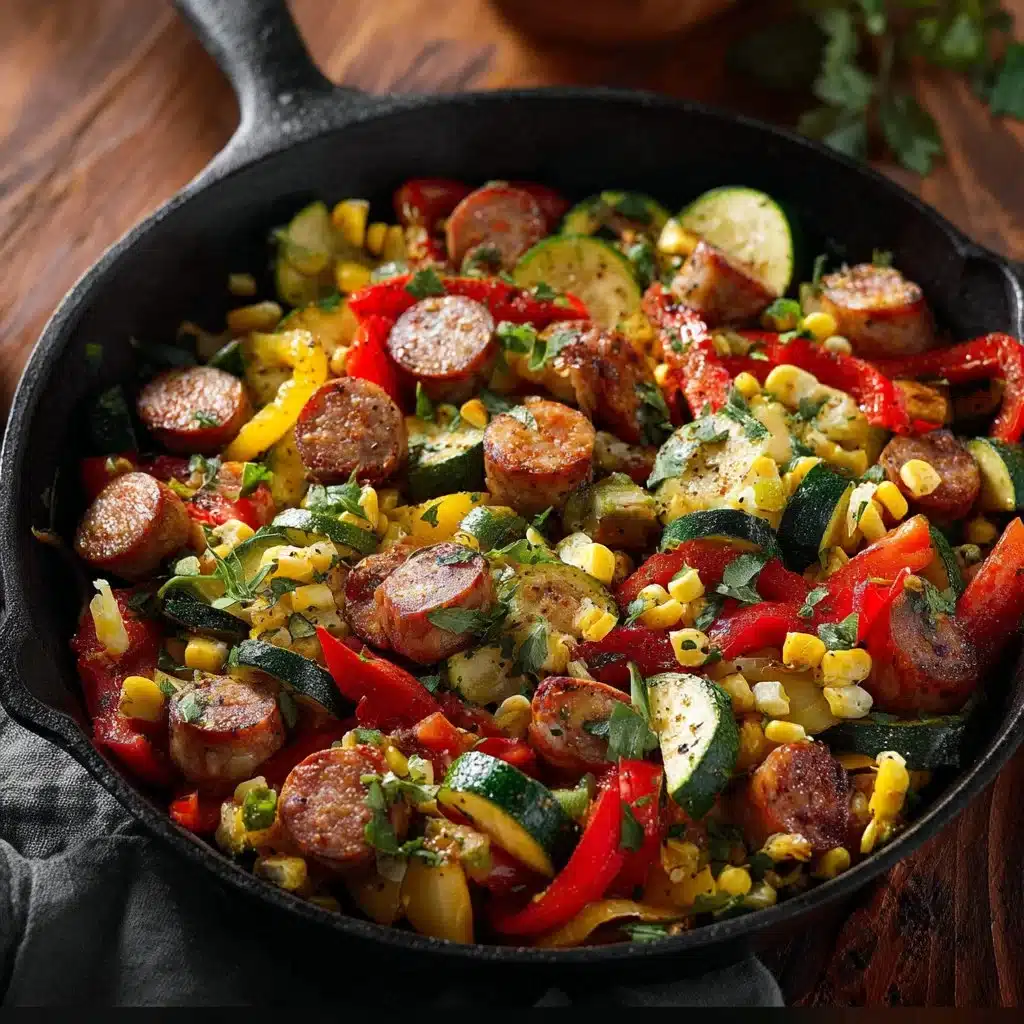 Sausage Veggies Skillet with colorful vegetables and sausage in a skillet