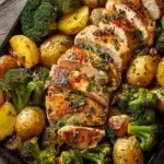 Sheet pan garlic butter chicken served with colorful veggies