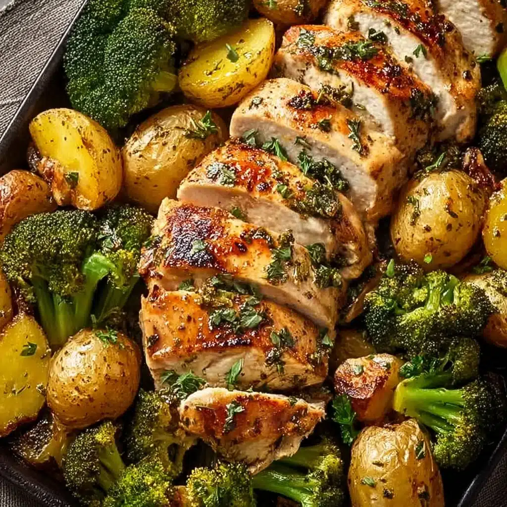 Sheet pan garlic butter chicken served with colorful veggies