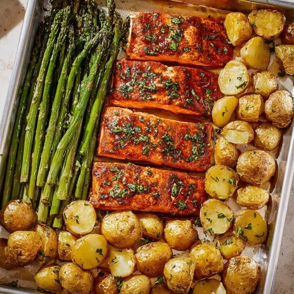 Sheet pan of maple dijon glazed salmon with vibrant vegetables