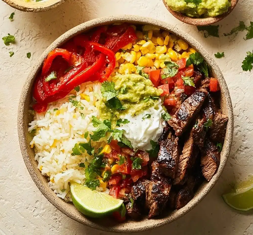 A colorful Steak Fajita Bowl with grilled steak, bell peppers, and onions.