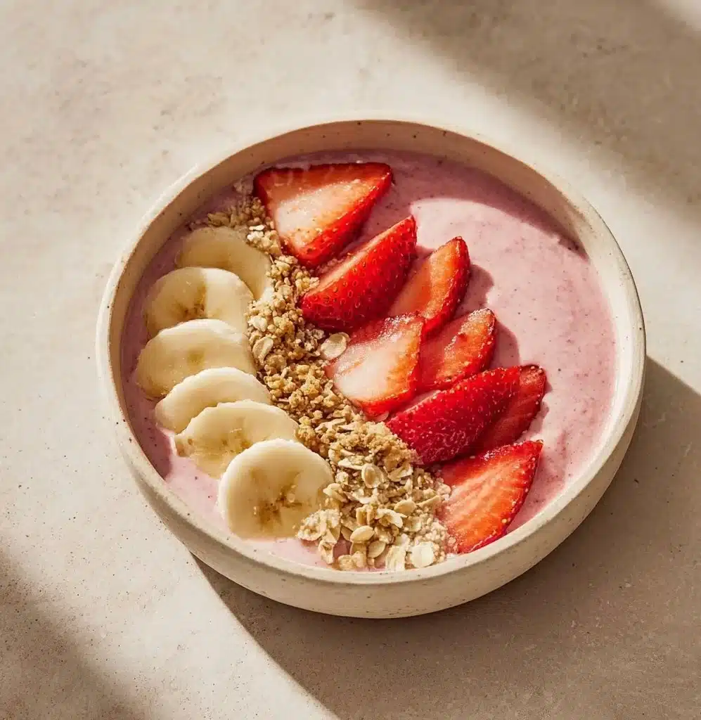 Delicious strawberry banana smoothie bowl topped with fresh fruits and granola