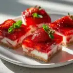 Delicious homemade strawberry cheesecake bars on a plate