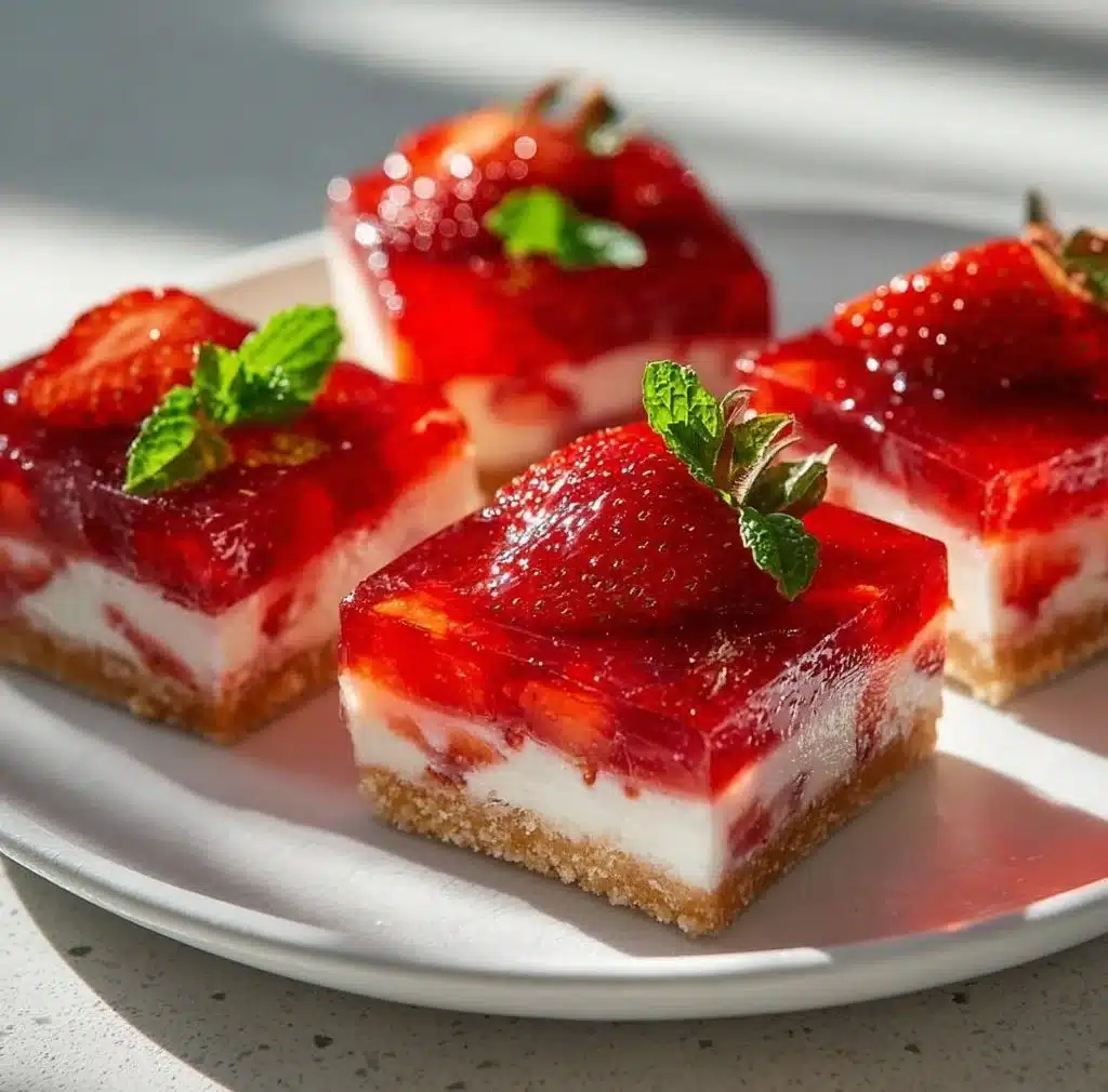 Delicious homemade strawberry cheesecake bars on a plate