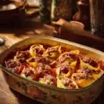 Stuffed jumbo pasta shells filled with cheese and herbs topped with marinara sauce.