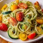 Delicious summer pasta dish with zucchini, tomatoes, chicken, and Parmesan.