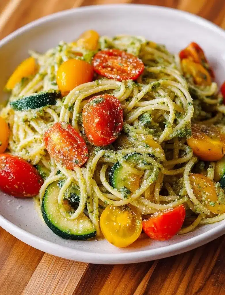 Delicious summer pasta dish with zucchini, tomatoes, chicken, and Parmesan.