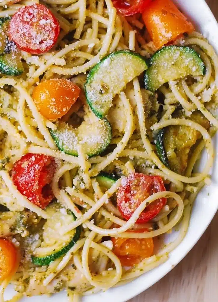 Summer Pasta: Parmesan Zucchini Tomato Chicken Spaghetti
