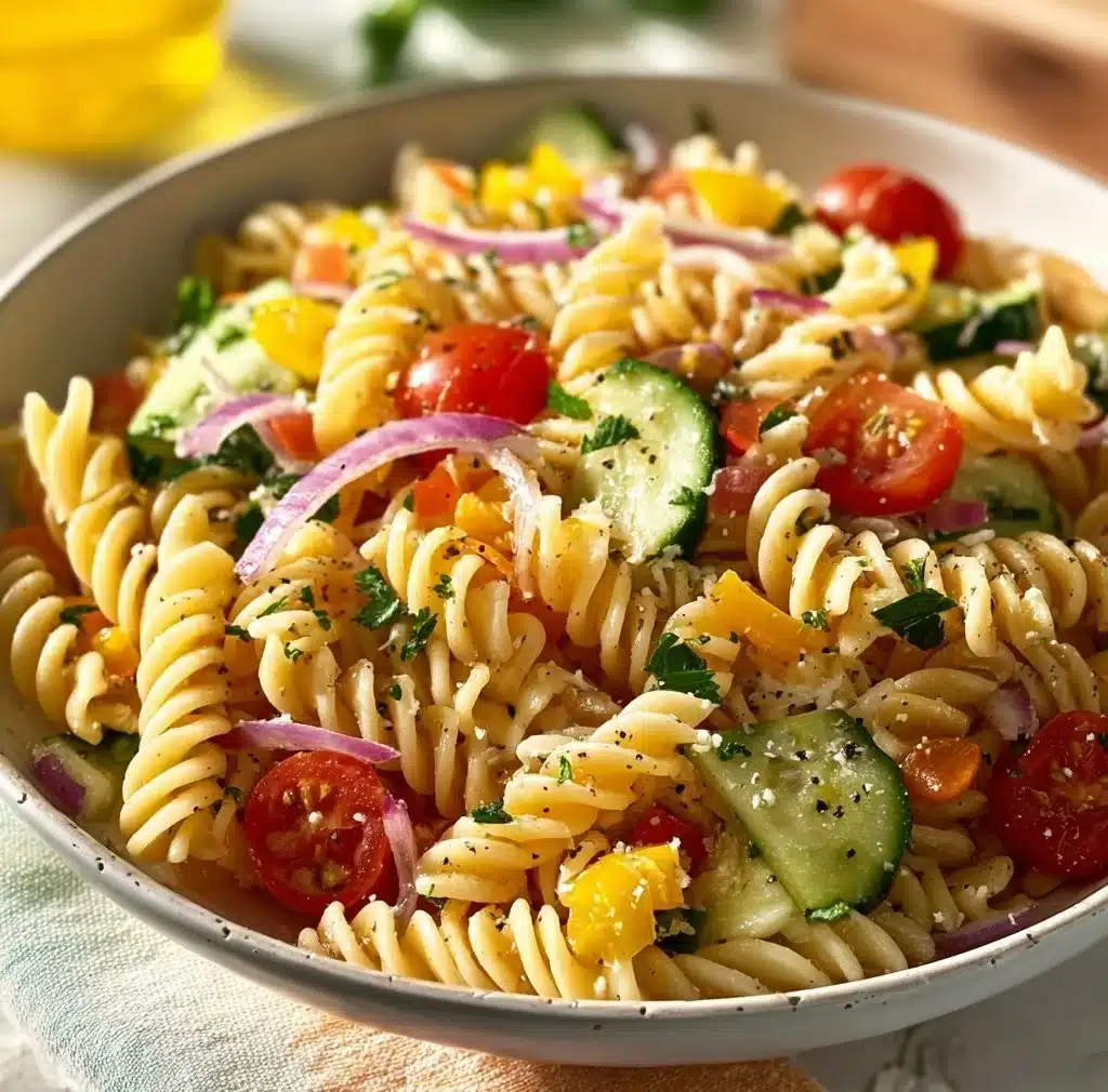 A colorful summer pasta salad with fresh vegetables and herbs served in a bowl.