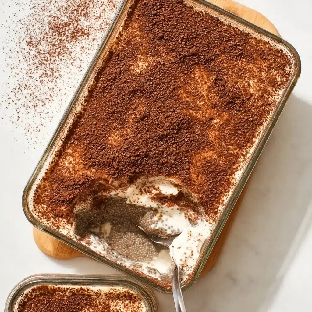 Delicious tiramisu chia pudding in a glass topped with cocoa and coffee.