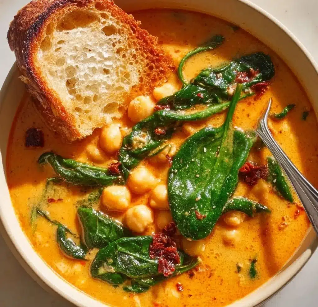 Delicious bowl of Tuscan Chickpea Soup with fresh herbs and vegetables