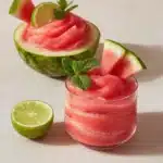 A refreshing watermelon smoothie served in a glass with ice.