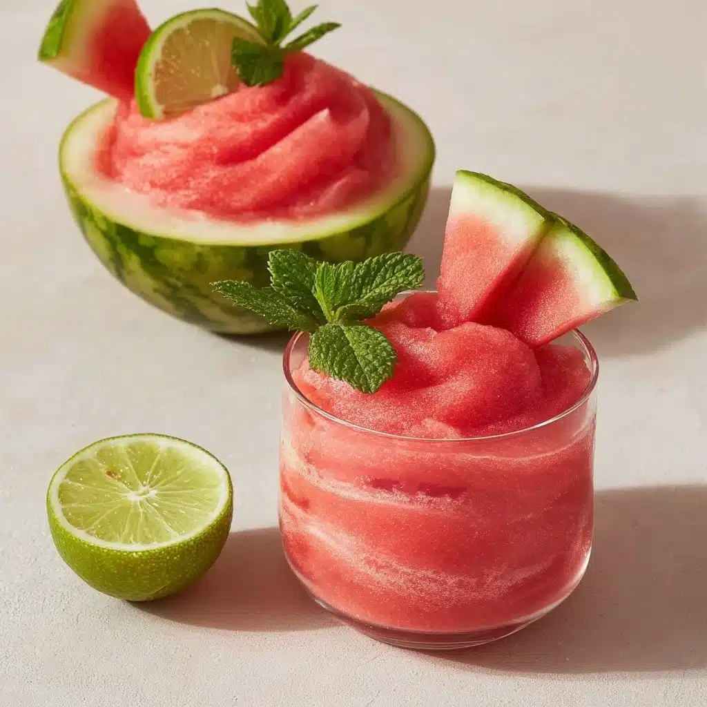 A refreshing watermelon smoothie served in a glass with ice.