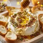 Creamy whipped feta dip with honey served in a bowl