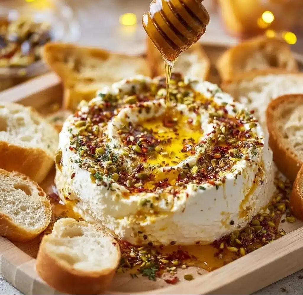Creamy whipped feta dip with honey served in a bowl