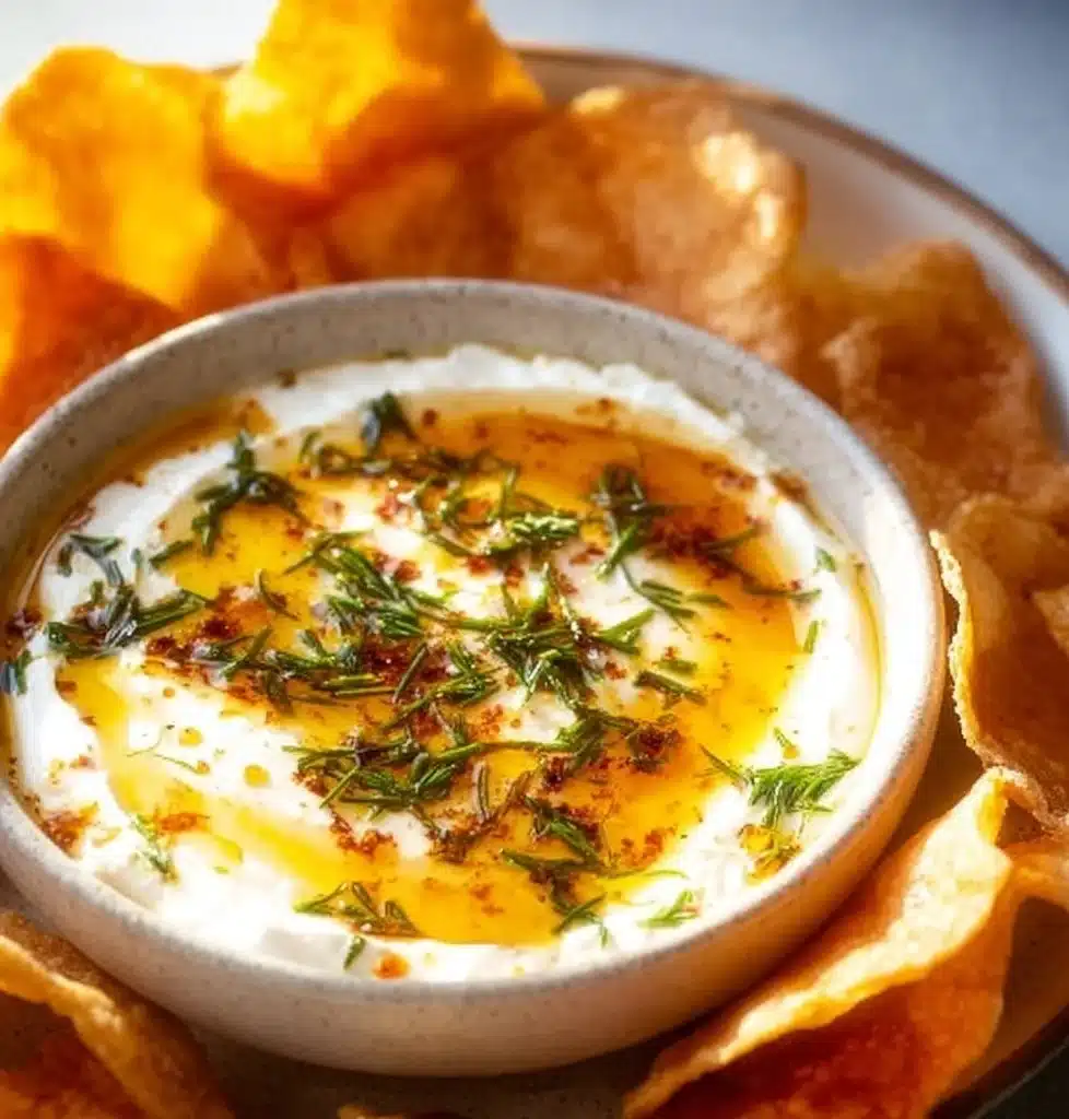 Creamy whipped feta drizzled with hot honey, garnished with herbs.