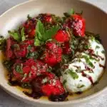 Whipped feta with roasted strawberries in a serving bowl
