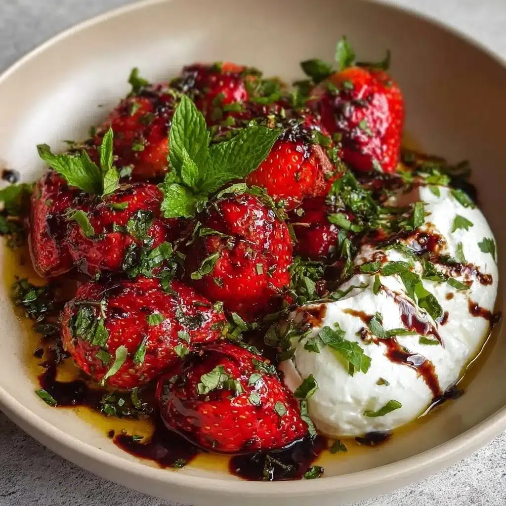Whipped feta with roasted strawberries in a serving bowl