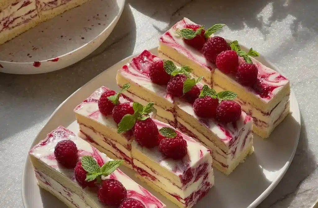 Delicious white chocolate raspberry cheesecake with fresh raspberries on top