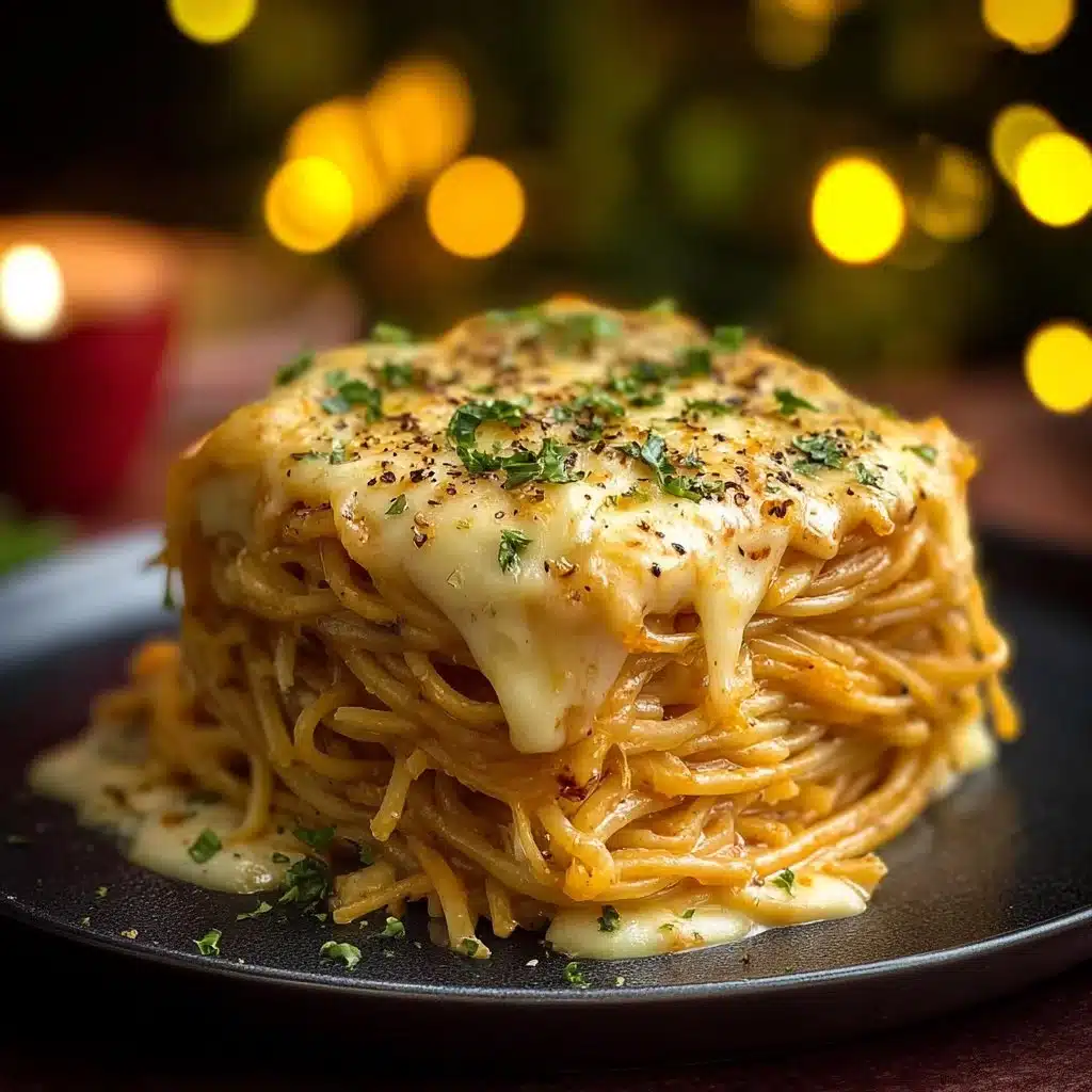 Baked Cream Cheese Spaghetti Casserole dish with cheese and herbs